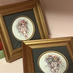 Vintage Cherub with Pansies Gold Framed Art